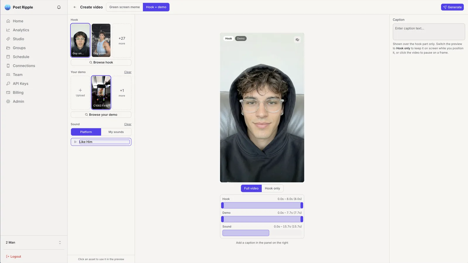 Post Ripple's hook + demo builder: the generated hook clip, the product demo, caption styling, and a sound picker