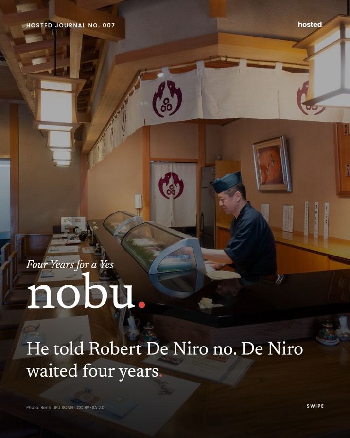 Hosted cover slide: the word nobu in large serif over a dim sushi counter, with the headline “He told Robert De Niro no. De Niro waited four years.”