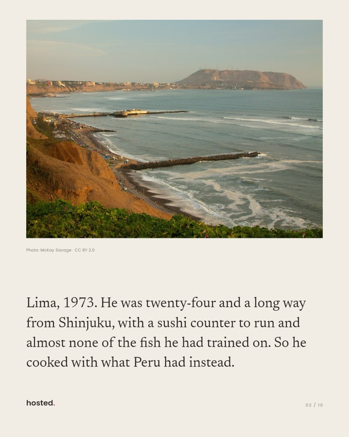 Hosted card slide: a framed photograph of the Lima coastline on cream stock above a paragraph of serif body copy