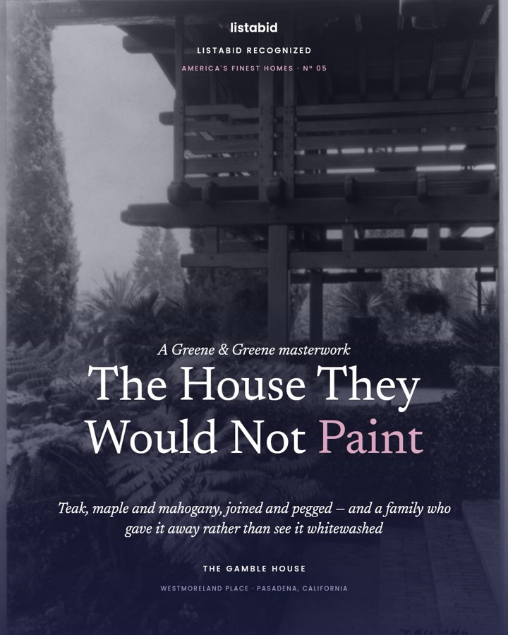 Listabid cover slide: centred masthead over an archival photograph, headline “The House They Would Not Paint” with the last word in rose