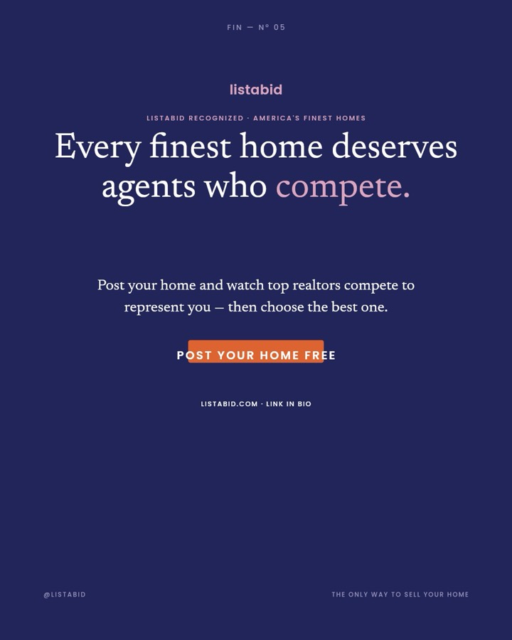 Listabid closing slide: “Every finest home deserves agents who compete.” with an orange pill button