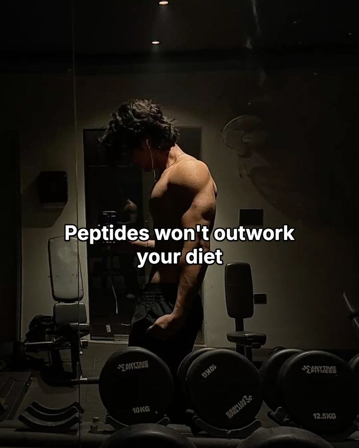 Carousel slide reading “Peptides won't outwork your diet” over a moody gym mirror shot