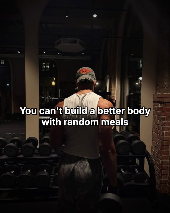 Carousel slide reading “You can't build a better body with random meals” over a gym back shot