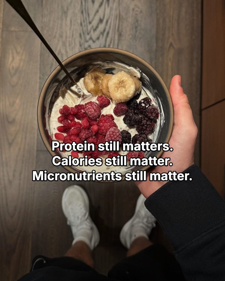 Carousel slide reading “Protein still matters. Calories still matter. Micronutrients still matter.” over a protein bowl