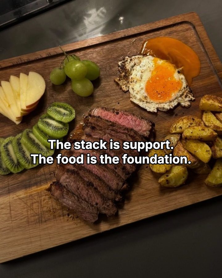 Carousel slide reading “The stack is support. The food is the foundation.” over a steak and vegetable plate